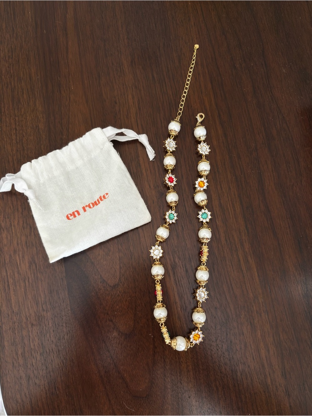 Gold Pearl Necklace with Multicolor Floral Accents